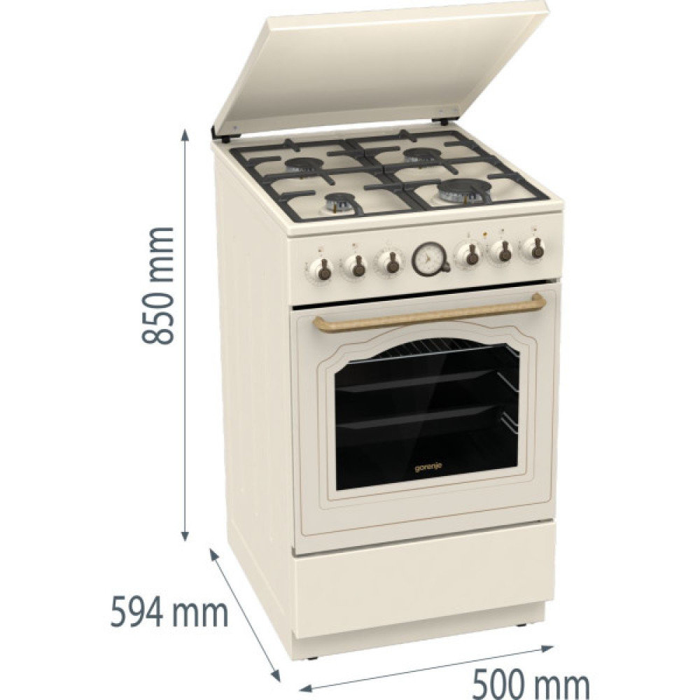 Плита Gorenje комбінована, 70л, 50x60см, дисплей, газ-контроль, чавун, слонової кістки