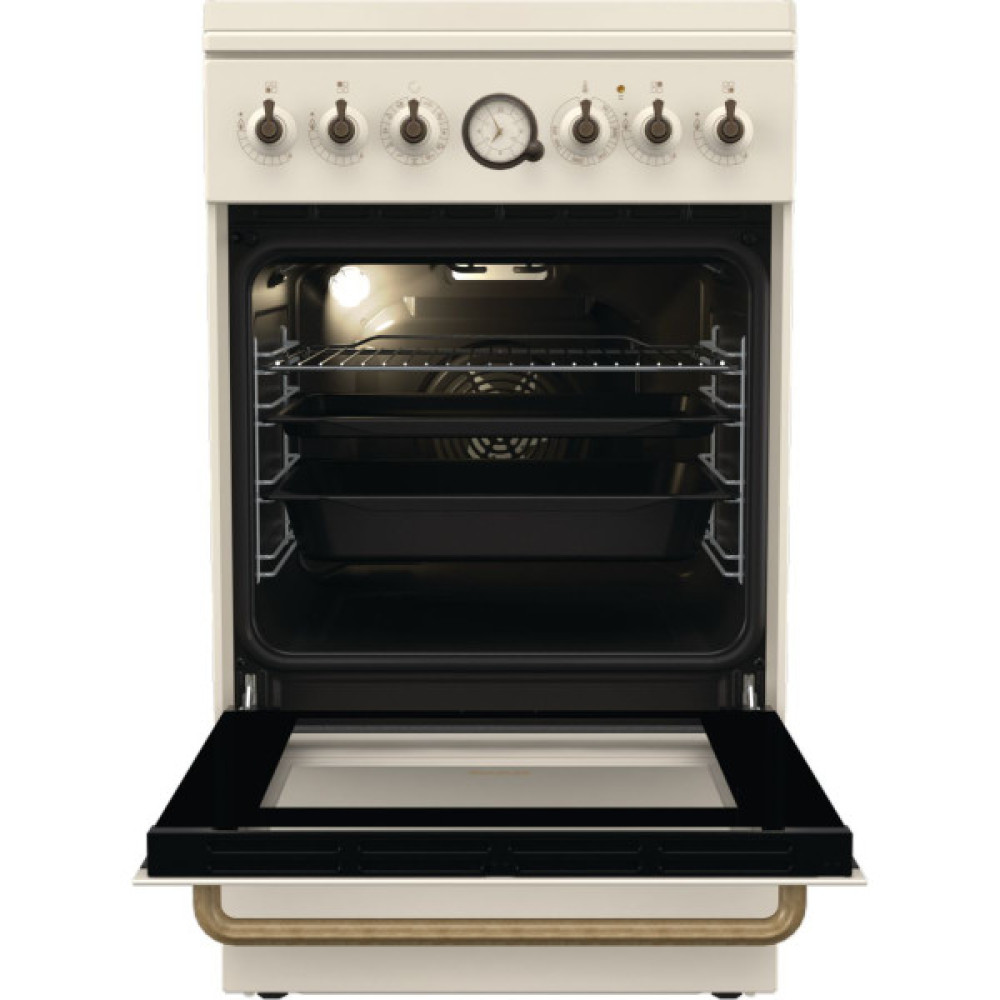 Плита Gorenje комбінована, 70л, 50x60см, дисплей, газ-контроль, чавун, слонової кістки