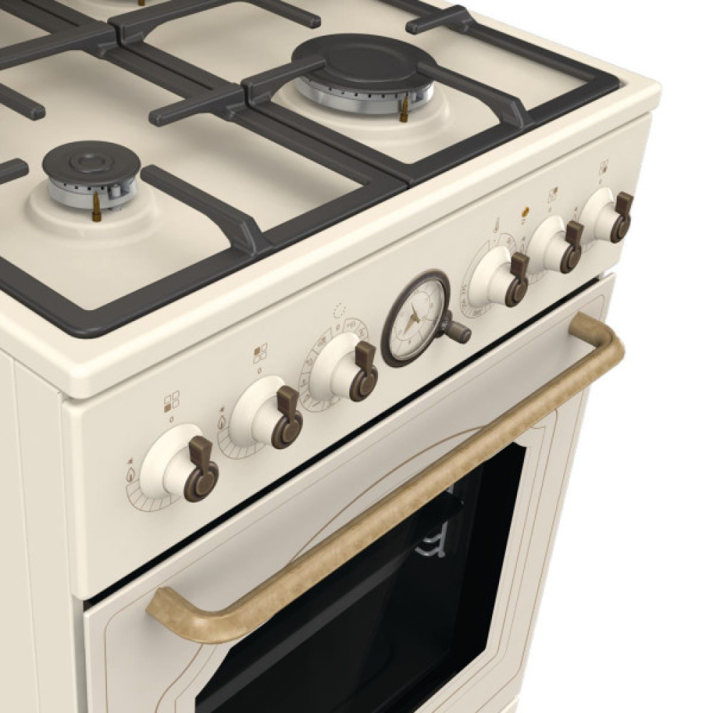 Плита Gorenje комбінована, 70л, 50x60см, дисплей, газ-контроль, чавун, слонової кістки