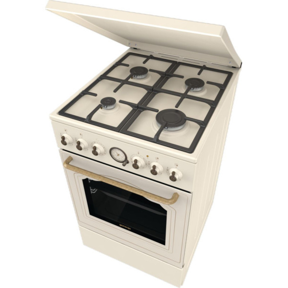Плита Gorenje комбінована, 70л, 50x60см, дисплей, газ-контроль, чавун, слонової кістки
