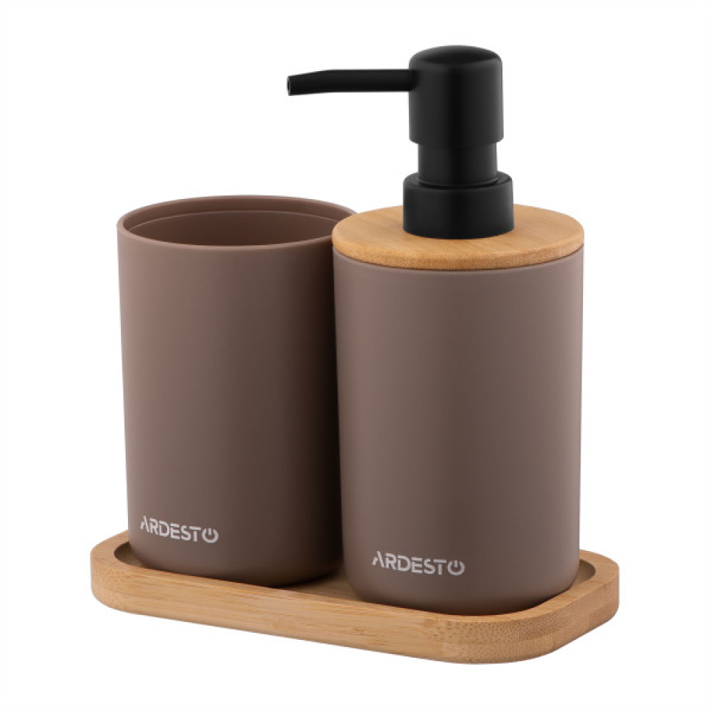 Набір для ванної кімнати Ardesto Minimalism 360мл, 3 предмети, поліпропілен, бамбук, тауп