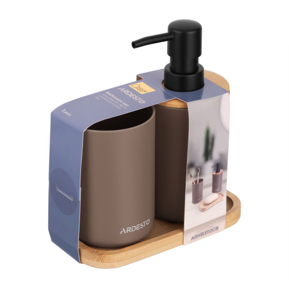 Набір для ванної кімнати Ardesto Minimalism 360мл, 3 предмети, поліпропілен, бамбук, тауп