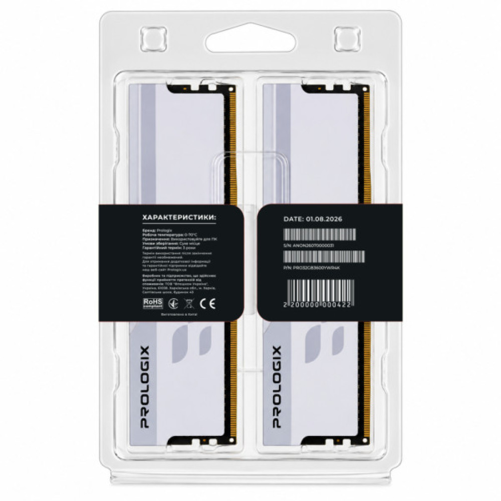 Модуль пам'яті для комп'ютера DDR4 32GB (2x16GB) 3600 MHz Onyx White RGB Prologix (PRO32GB3600YWR4K)