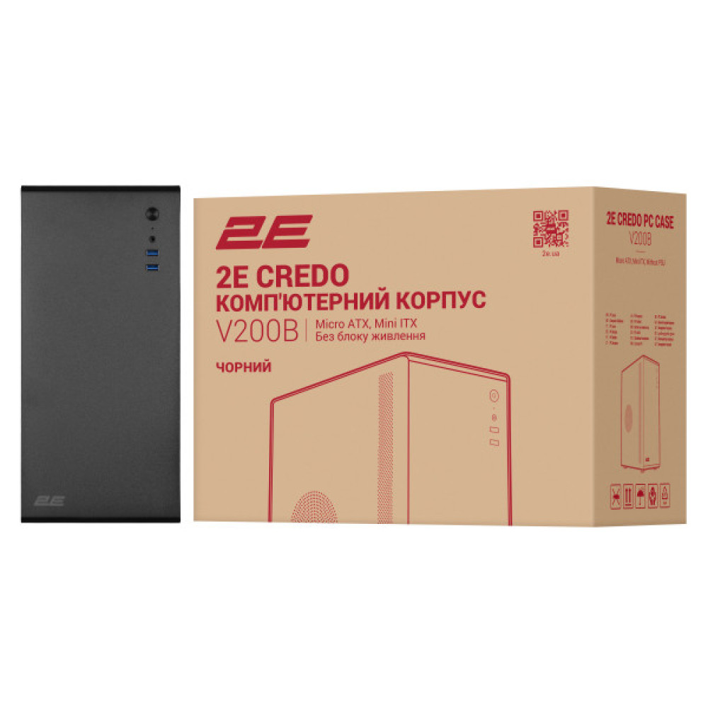 Корпус 2E Credo V200B без БЖ, 2xUSB3.0, 1x80мм, VGA 250мм, mATX, чорний