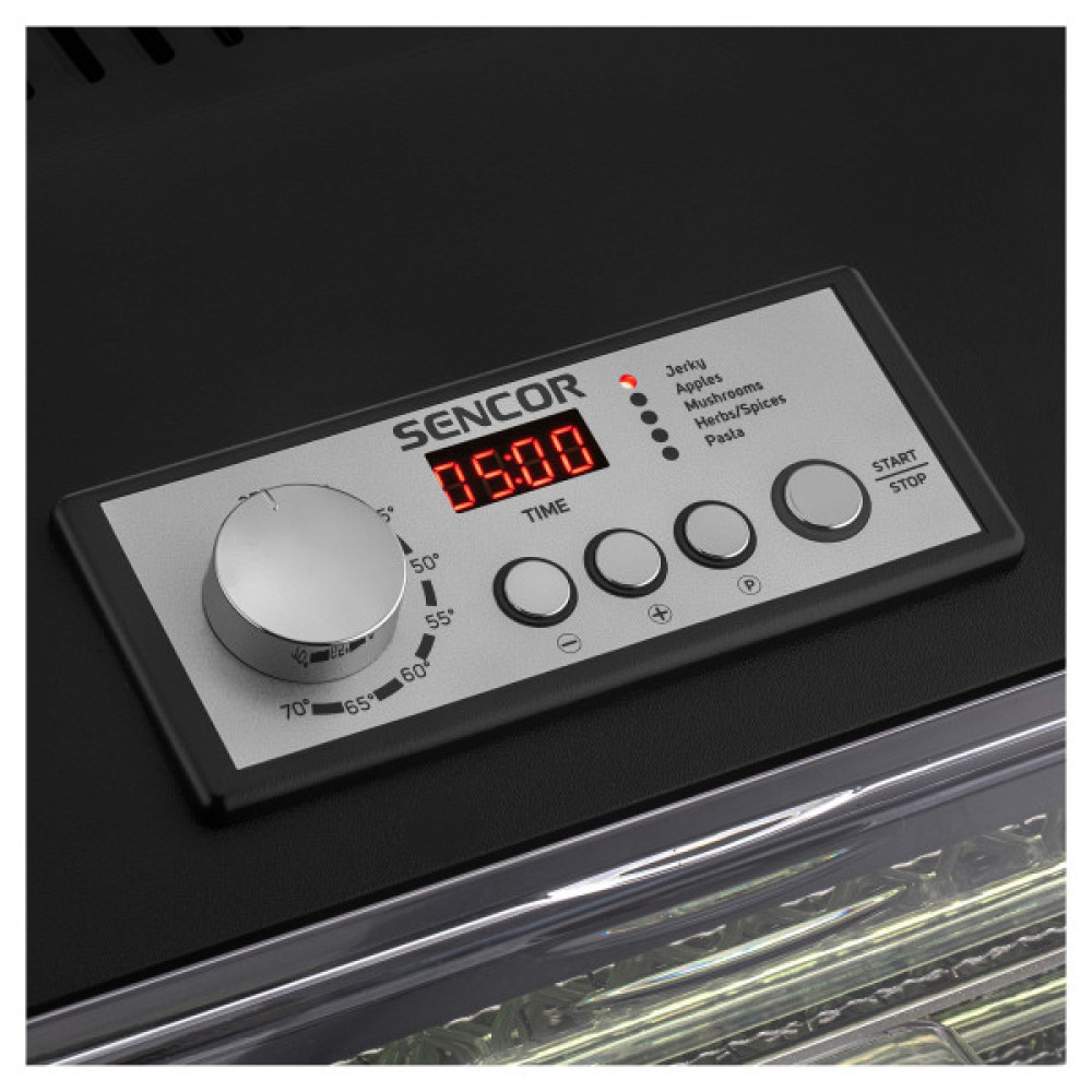 Сушарка для продуктів Sencor 500Вт, піддонів -2x33см, діаметр-33см, макс-70°С, сітка для ягід в компл., алюміній, пластик , чорний