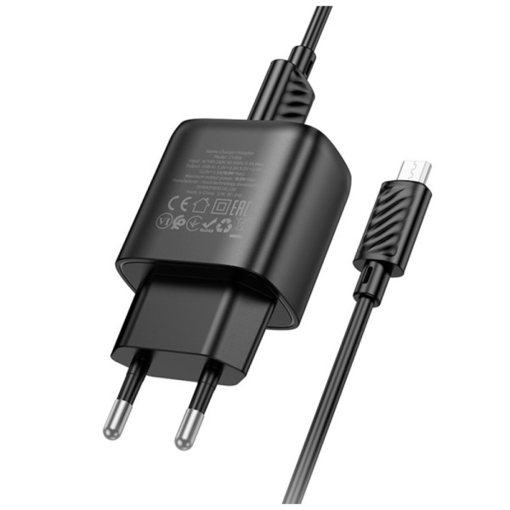 Зарядний пристрій HOCO C140A Smart USB QC3.0 + USB to cable Micro Black (6942007627801)