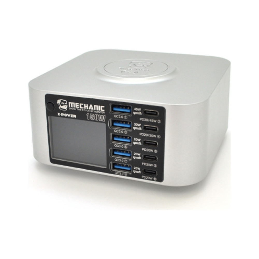 Зарядний пристрій MECHANIC 5xUSB-C PD + 5xUSB QC3.0 + Wireless Charging 15W LED indication 150W black (X-Power-150W)