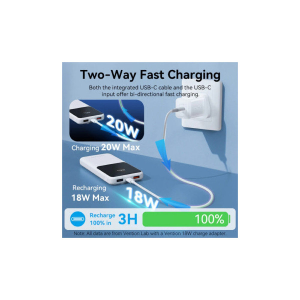 Батарея універсальна Vention 10000mAh 22.5W 3A PD, Built-in USB-C+Lightning Cables, White (FHOW0)