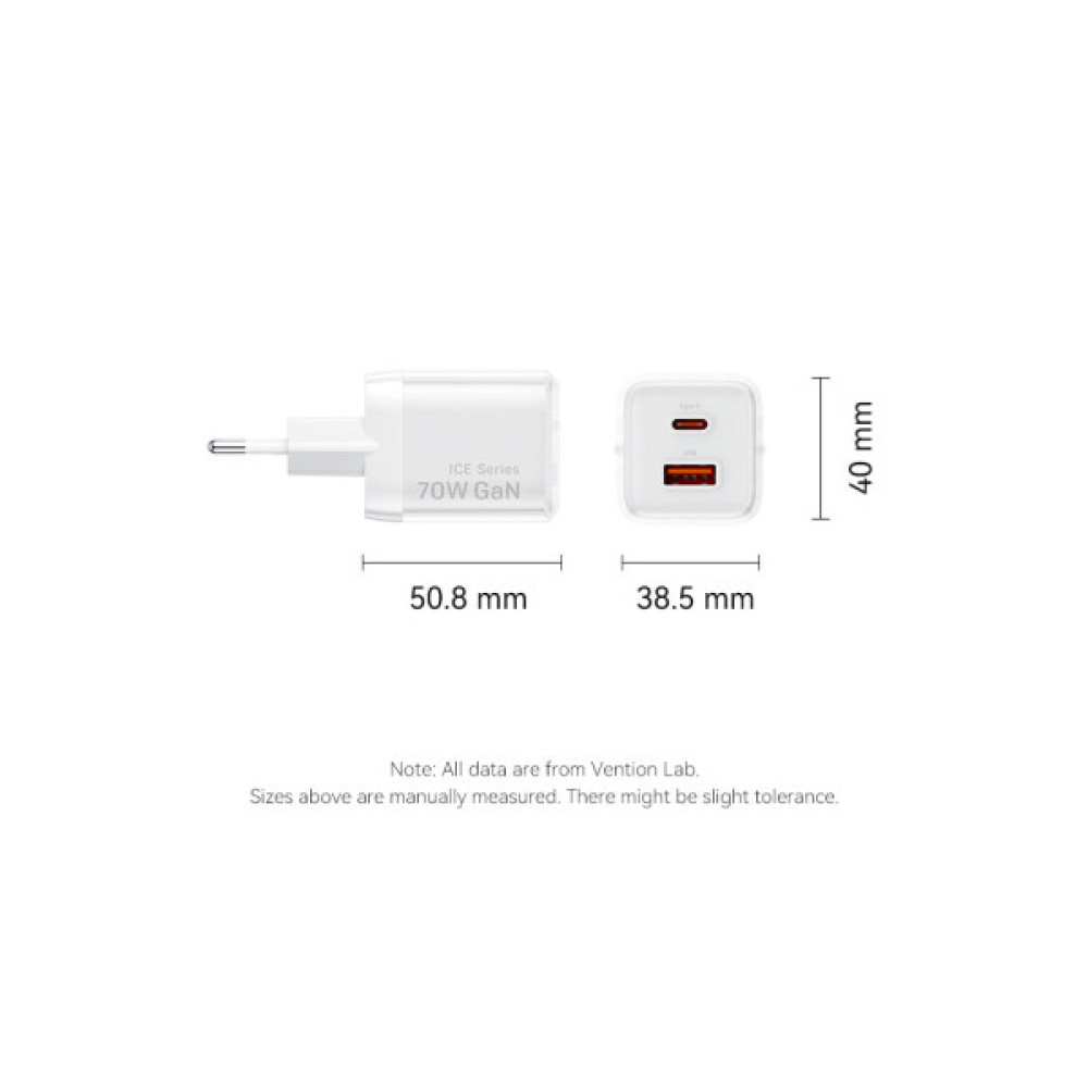Зарядний пристрій Vention 1xUSB-C PD70W + 1xUSB QC3.0 22.5W GaN transparent gray (FCGH0-EU)