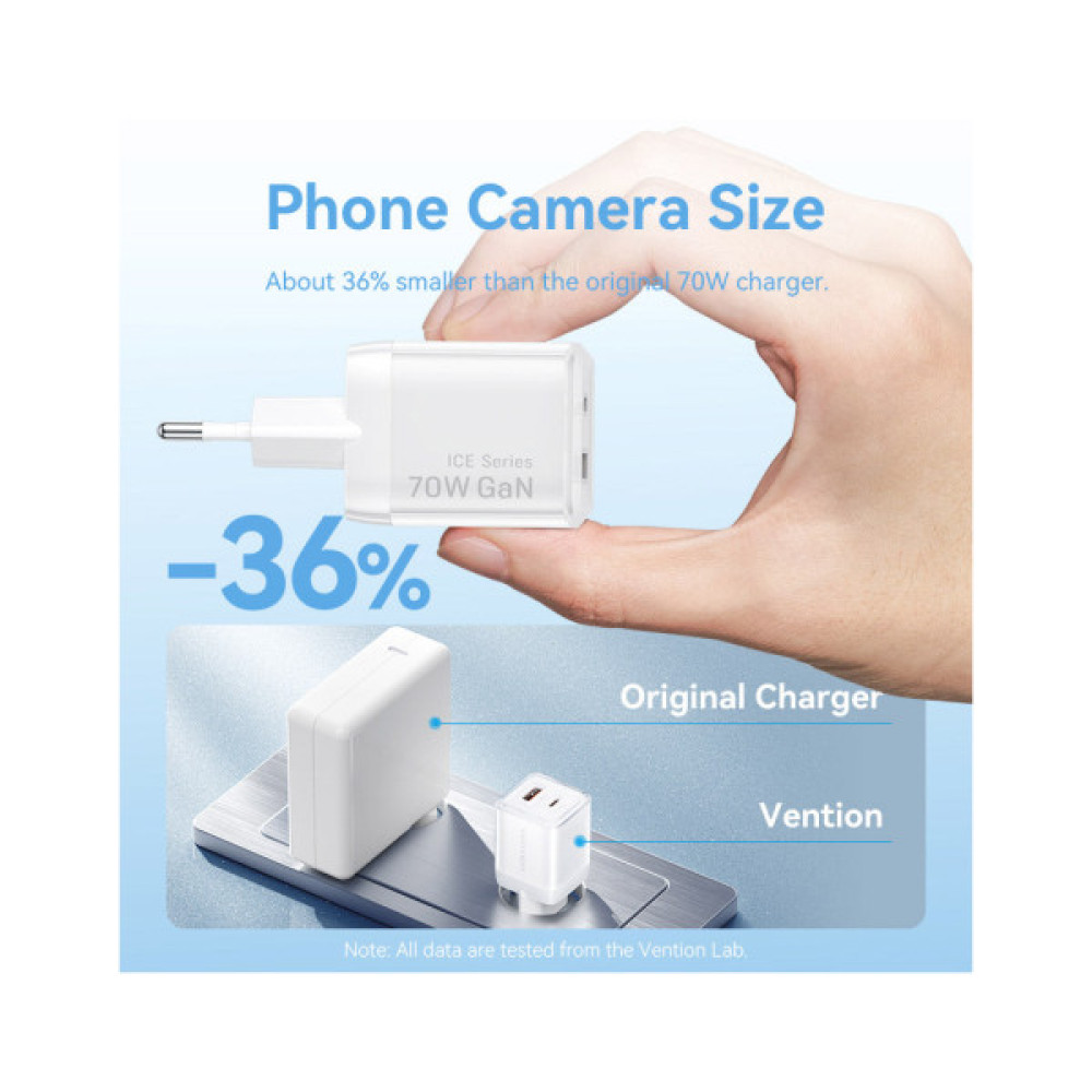 Зарядний пристрій Vention 1xUSB-C PD70W + 1xUSB QC3.0 22.5W GaN transparent gray (FCGH0-EU)