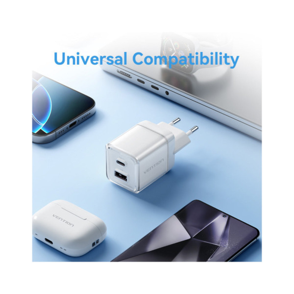 Зарядний пристрій Vention 1xUSB-C PD70W + 1xUSB QC3.0 22.5W GaN transparent gray (FCGH0-EU)