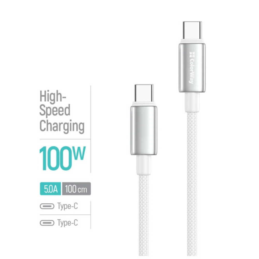 Дата кабель USB-C to USB-C 1.0m 5A 100W zinc alloy braided white ColorWay (CW-CBPDCC098-WT)