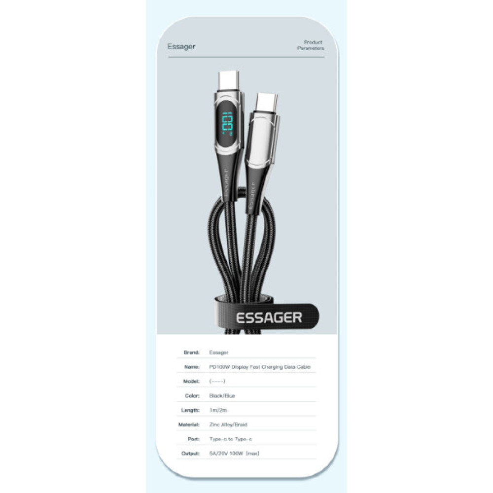 Дата кабель USB-C to USB-C 2.0m 100W Digital Display blue Essager (ES-XCTT1-YDA03)