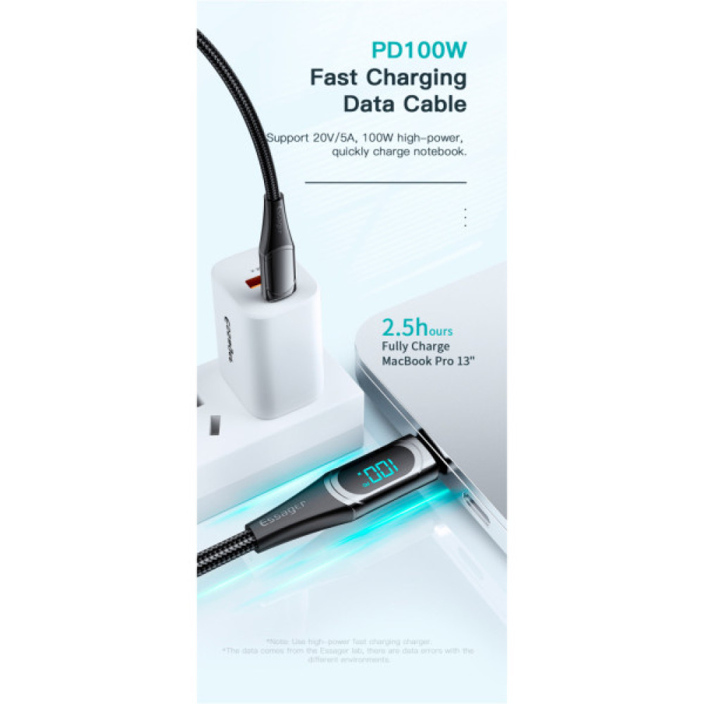 Дата кабель USB-C to USB-C 2.0m 100W Digital Display blue Essager (ES-XCTT1-YDA03)