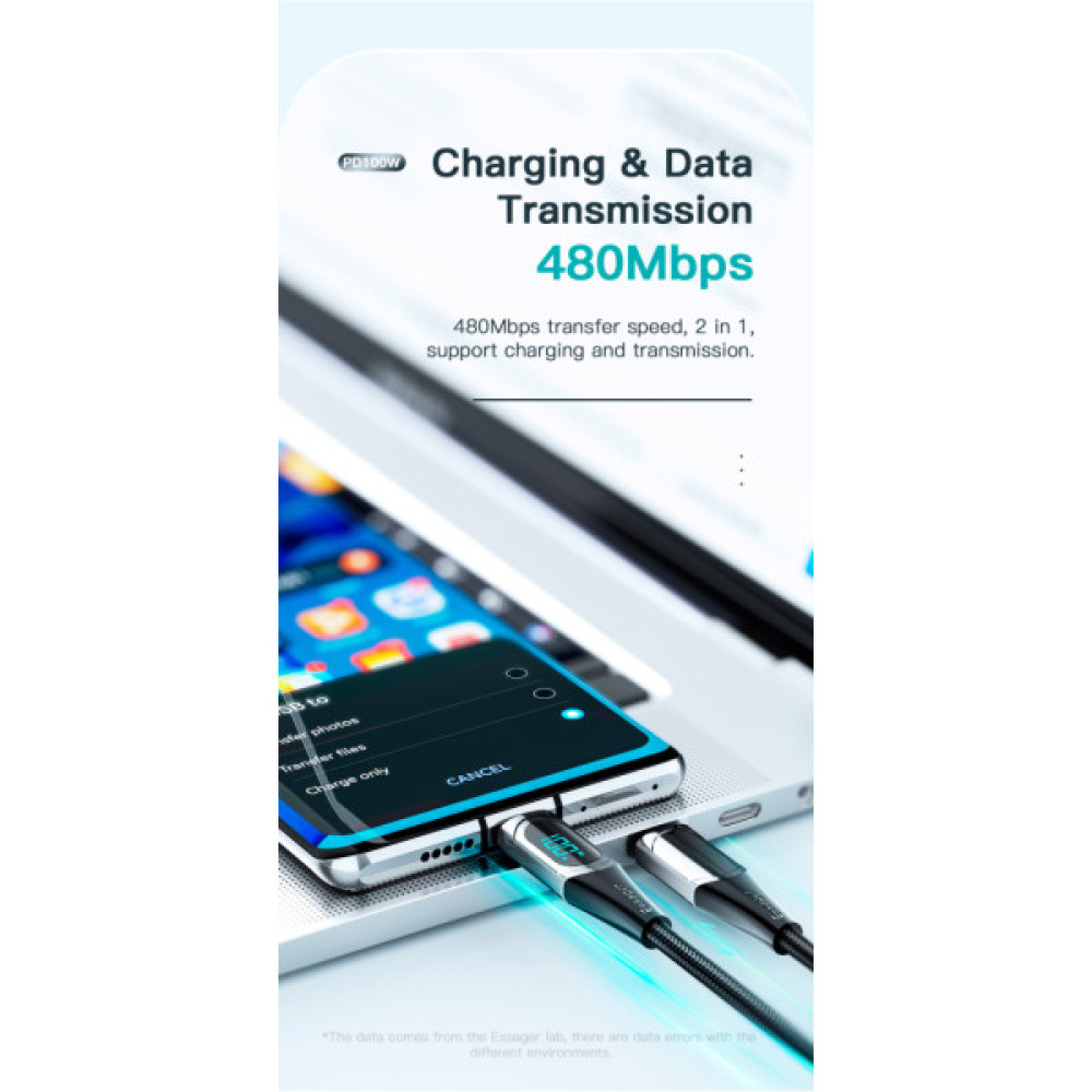 Дата кабель USB-C to USB-C 2.0m 100W Digital Display blue Essager (ES-XCTT1-YDA03)