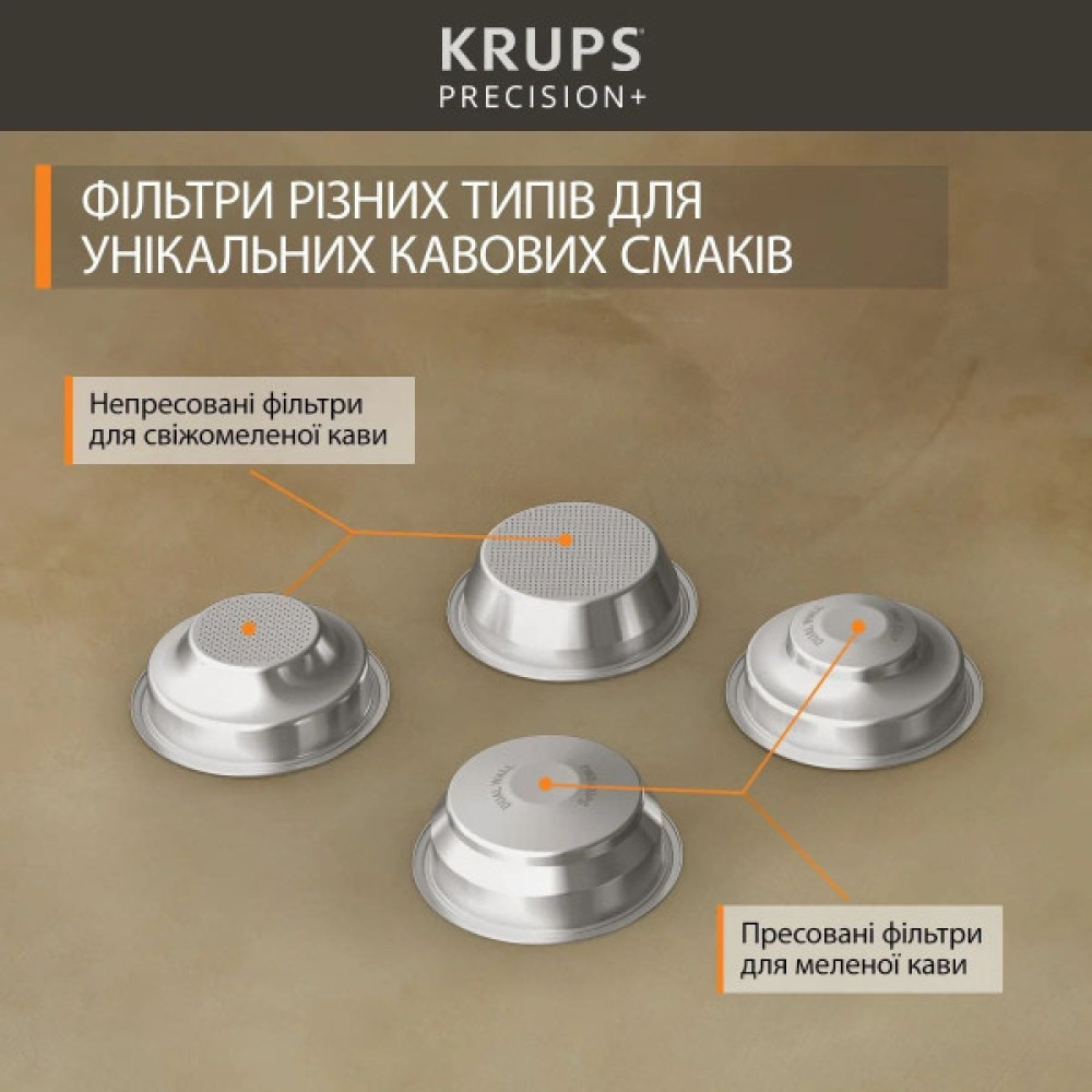 Кавоварка Krups ріжкова Precision+, 3.5л, вдубована кавомолка, ручний капучинатор, 15 бар, чорний-сірий
