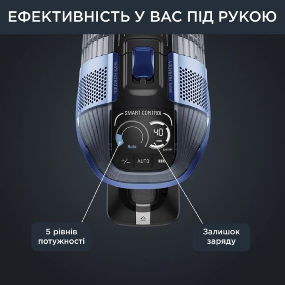 Пилосос Rowenta безпровідний Xforce Flex 14.60 Aqua, 200Вт, вологе прибирання, конт пил -0.9л, автон. робота до 70хв, НЕРА, чорно-синій