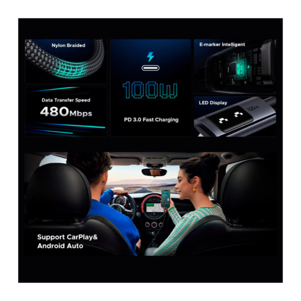 Дата кабель USB-C to USB-C 1.0m PD 100W L509 black Ugreen (35501)