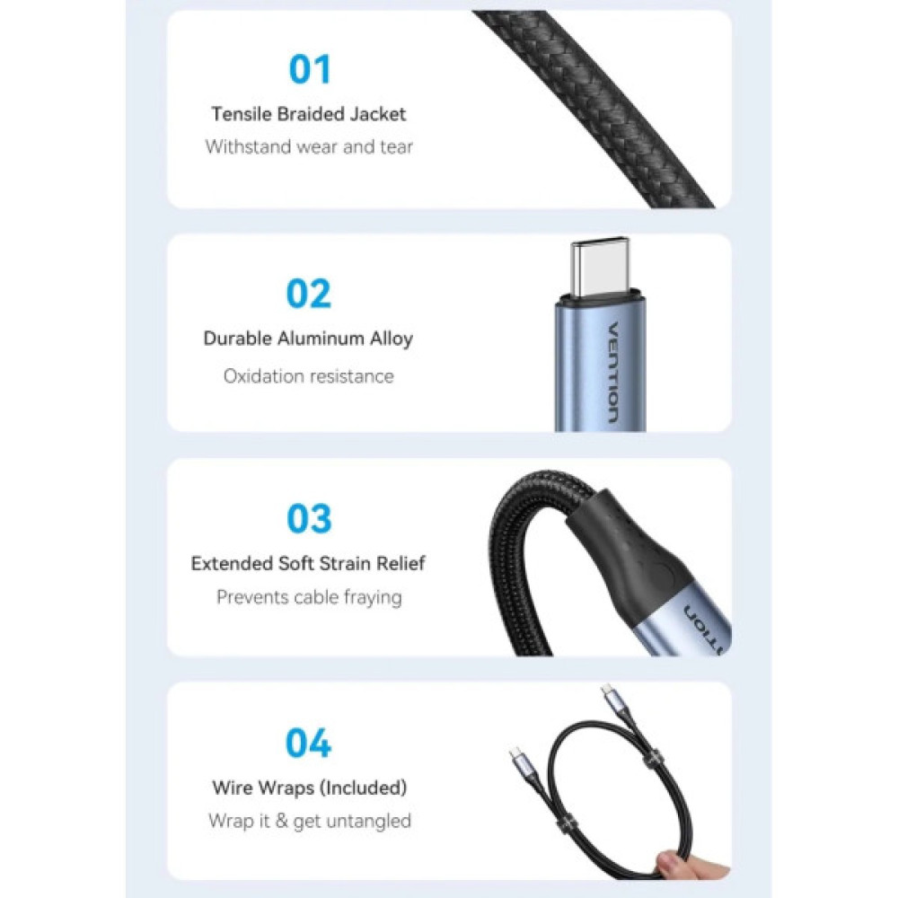 Дата кабель USB-C to USB-C 1.0m Thunderbolt 4 240W (50V/5A) 8K60Hz Gray Aluminum Alloy VENTION (TAVHF)