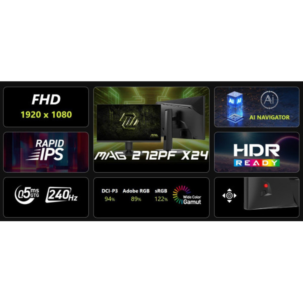 Монітор MSI 27" MAG 272PF-X24 2xHDMI, DP, MM, IPS, 1920x1080, 240Hz, 0.5ms, sRGB 122%, AdaptiveSync, Pivot