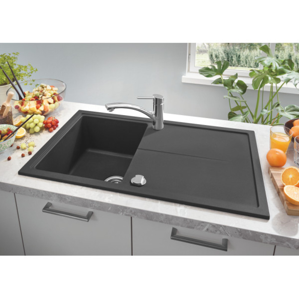 Мийка кухонна Grohe K400, граніт, прямокут., з крилом, 860x500x205мм, чаша - 1, врізна, чорний граніт