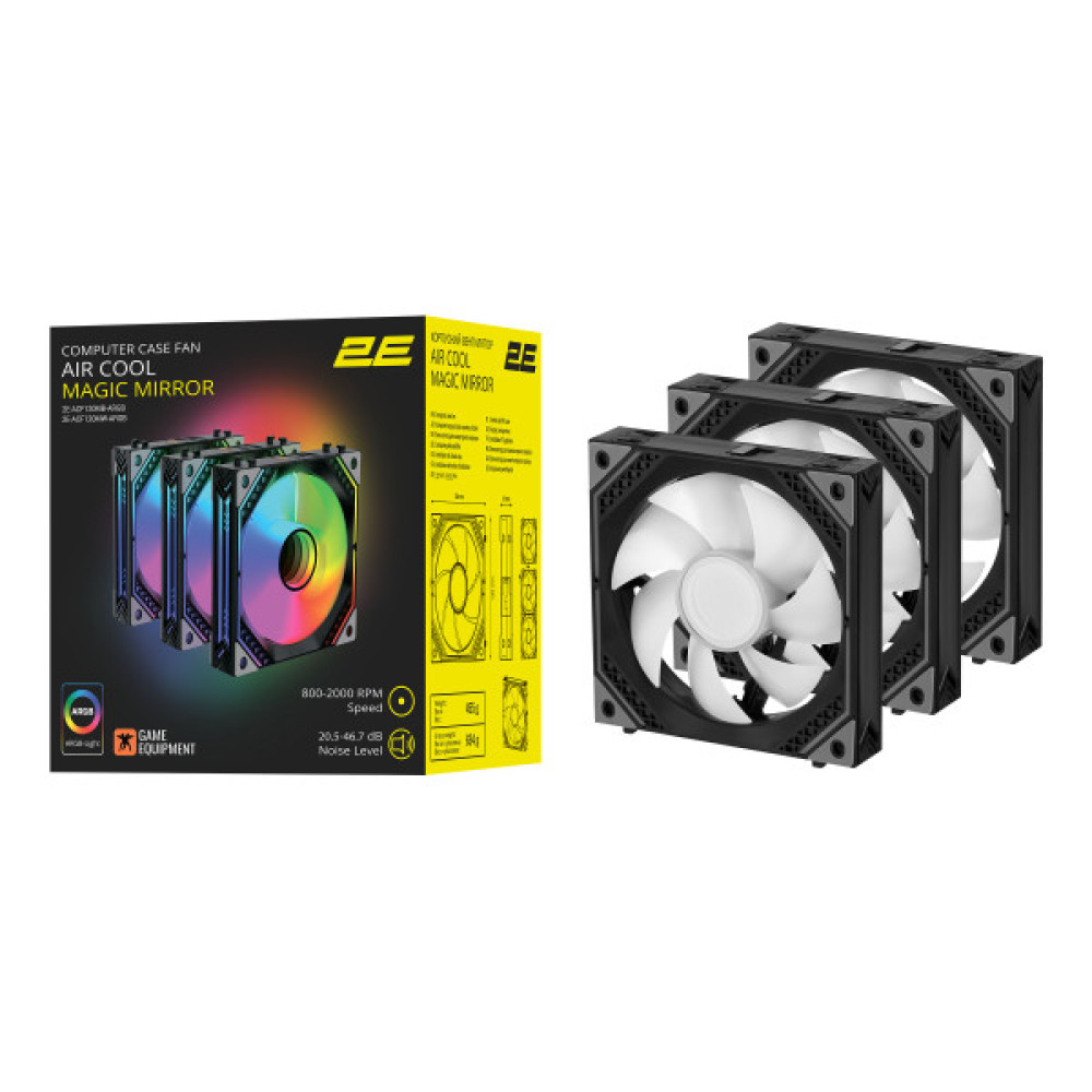 Корпусні вентилятори 2E GAMING Air Cool Magic Mirror ACF120MB-ARGB, 3x120мм, 2000rpm, 4pin PWM +5VARGB, 20.5dBa, чорний
