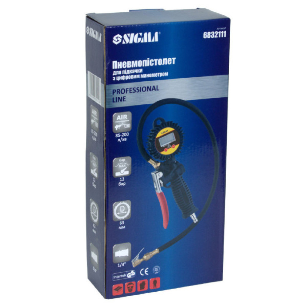 Пістолет для підкачки коліс Sigma з цифровим манометром 85-200 л/хв, 12 бар (6832111)