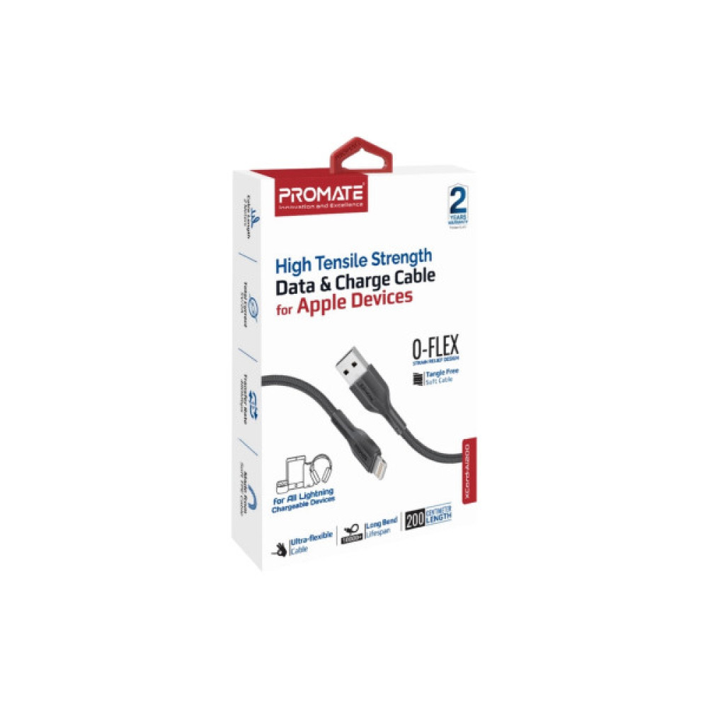 Дата кабель USB 2.0 AM to Lightning 2.0m 2A black Promate (xcord-ai200.black)