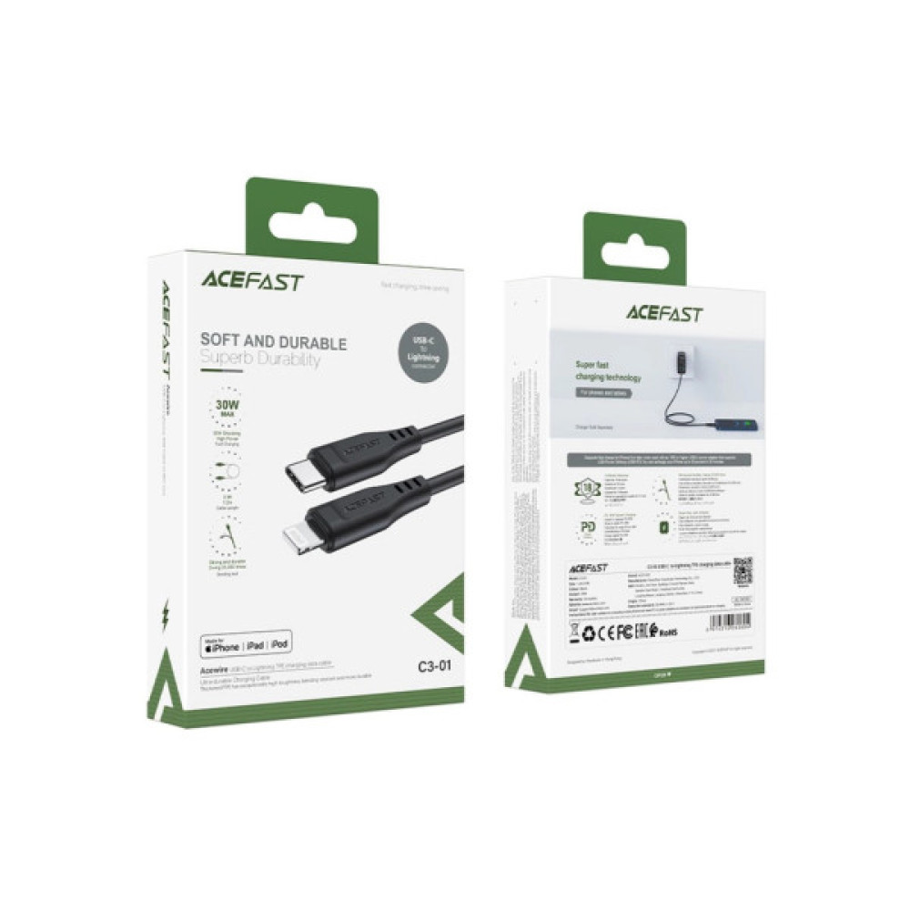 Дата кабель USB-C to Lightning 1.2m 3.0A TPE C3-01 Black Acefast (6974316280804)