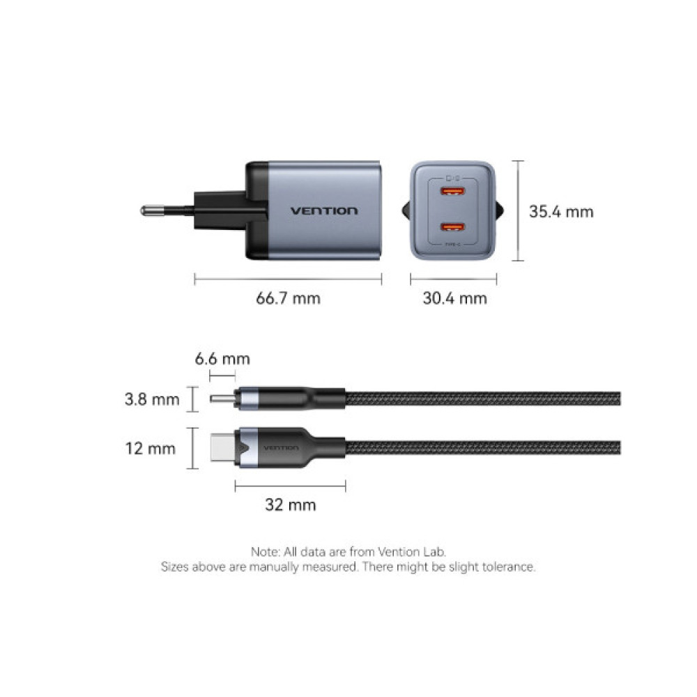 Зарядний пристрій Vention 2xUSB-C PD45W GaN + cable USB-C to USB-C 1.0m black gray (TZ-FCDH0-EU)