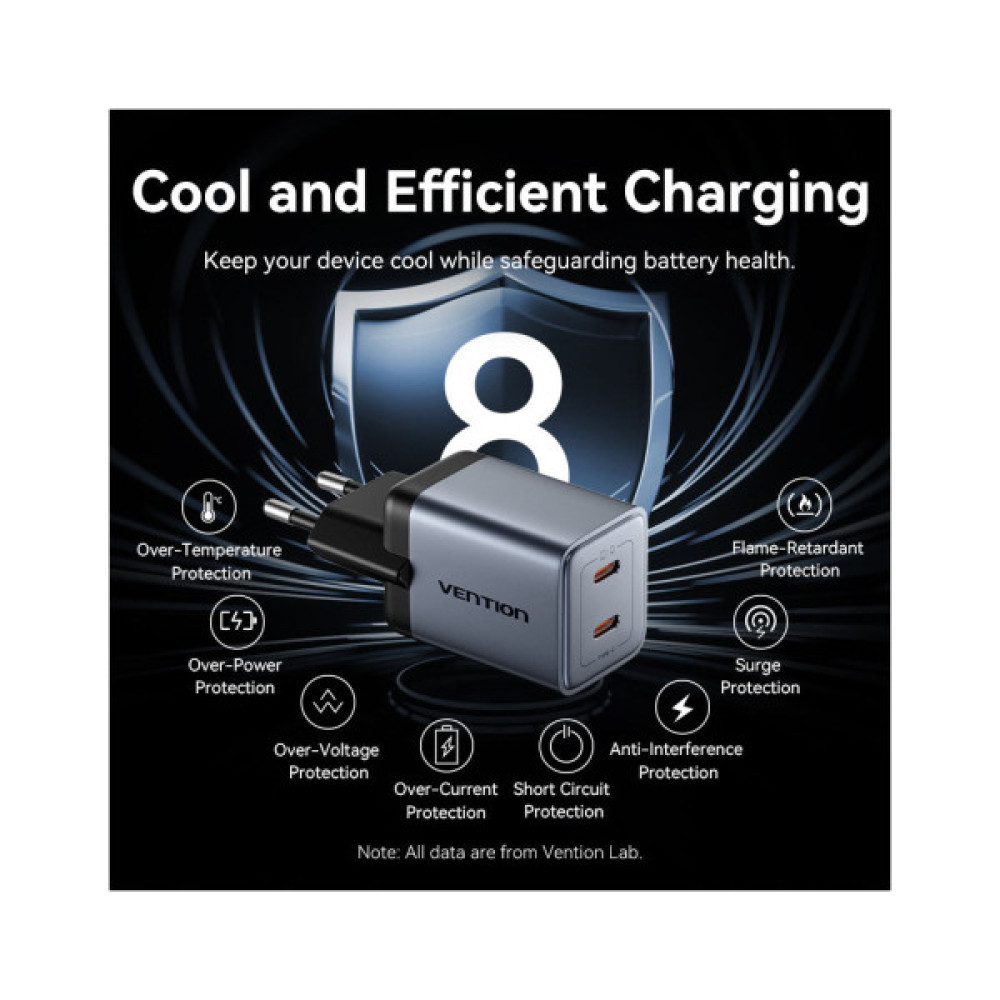 Зарядний пристрій Vention 2xUSB-C PD45W GaN + cable USB-C to USB-C 1.0m black gray (TZ-FCDH0-EU)
