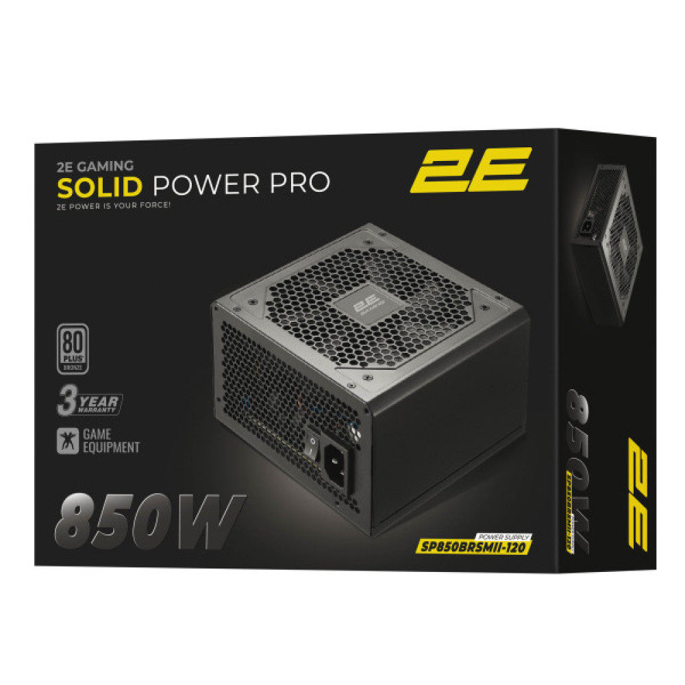 Блок живлення 2E GAMING Solid Power Pro ATX3.1 GEN5.0  (850W), >85%, 80+ Bronze, 120мм, 1xMB 24pin(20+4), 2xCPU 8pin(4+4), 3xMolex, 6xSATA, 4xPCIe 8pin(6+2), 1xPCIe GEN5 16pin, Semi Modular