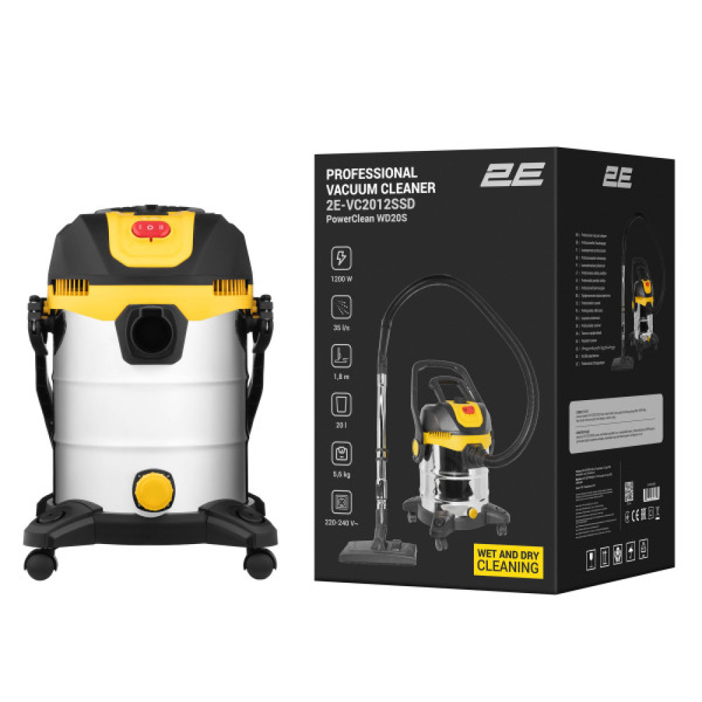 Пилосос професійний 2E PowerClean 20S 1200Вт 17кПа контейнер 20л розетка 220В/2000Вт вологе/сухе прибирання функція повітродувки IPX4 5.6кг
