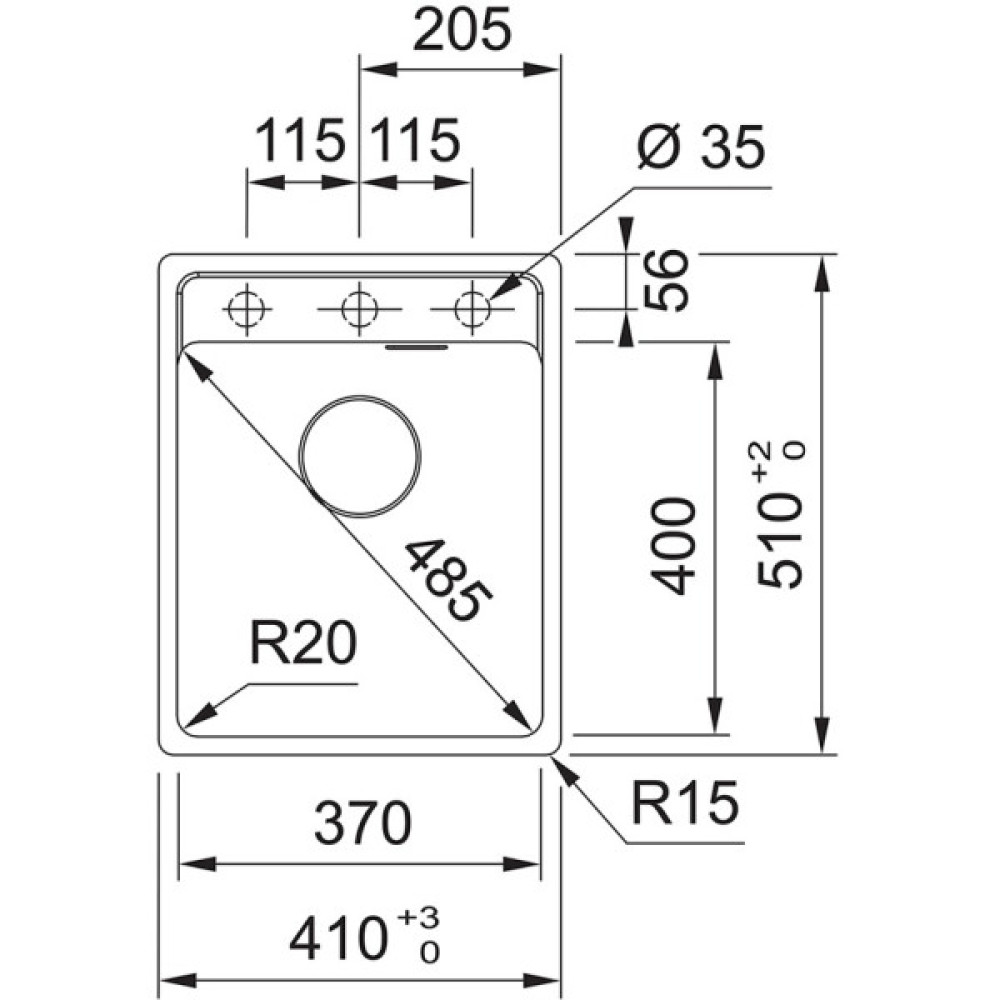 Мийка кухонна Franke Maris, фраграніт, прямокутник, без крила, 410х510х200мм, чаша - 1, врізна, MRG 610-37 TL, онікс