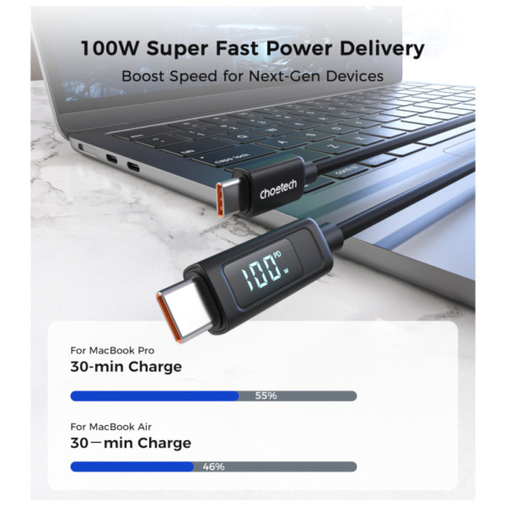 Дата кабель USB-C to USB-C 1.2m PD100W digital display silicone Choetech (XCC-1064)