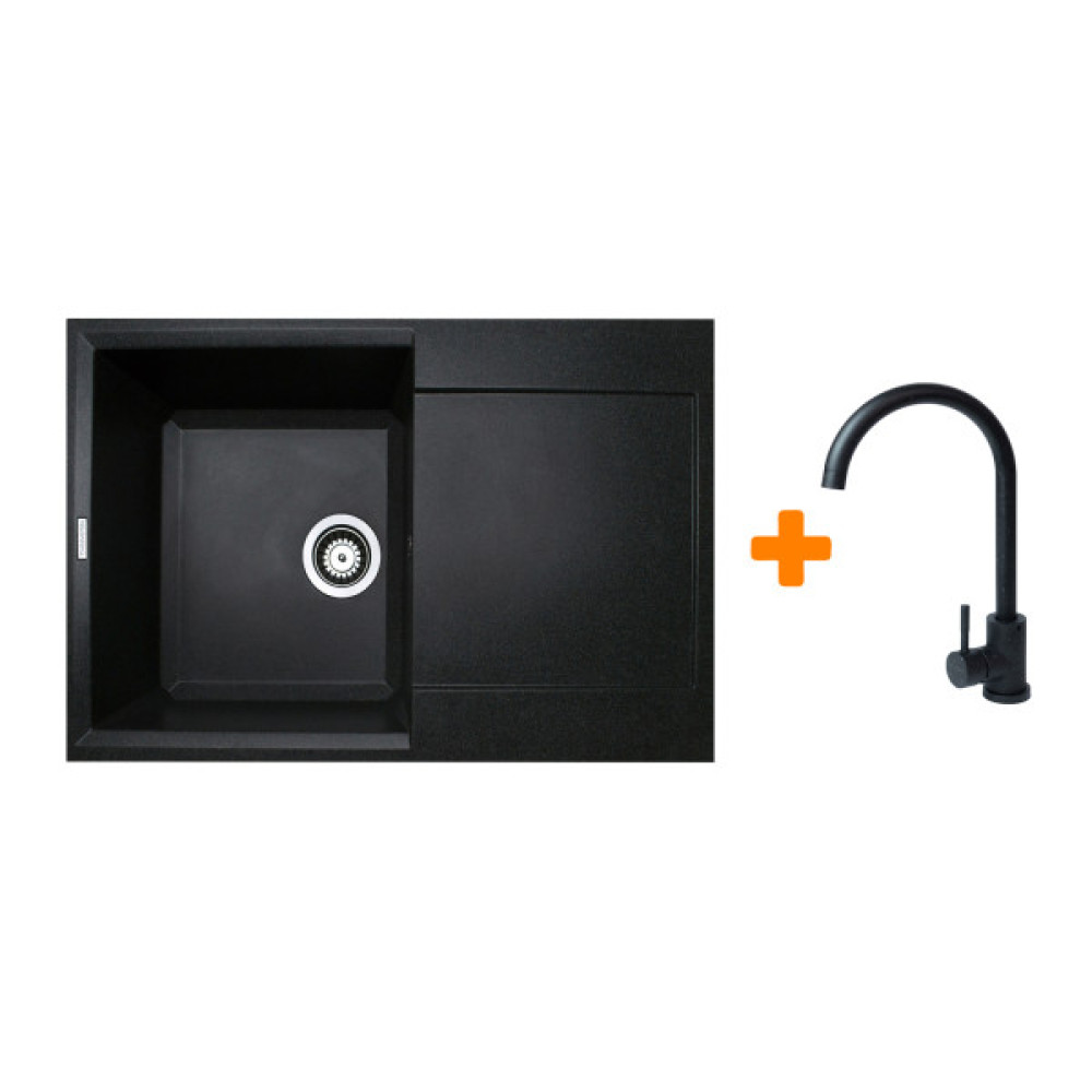 Набір кухонний Adamant Horizon, штучний камінь, прямокут., з крилом, 780х495х230мм, чаша - 1, врізна, чорний + змішувач