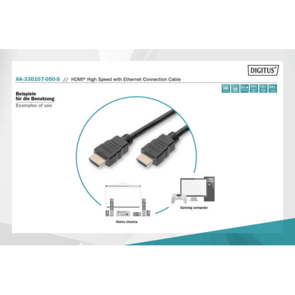 Кабель DIGITUS HDMI (M/M), High speed/Ethernet, 5м, чорний
