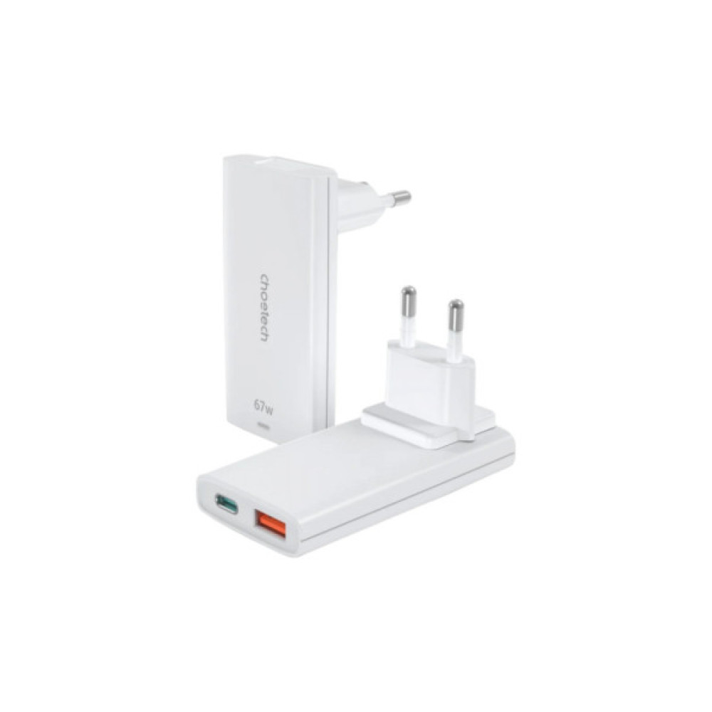 Зарядний пристрій Choetech 2xUSB 65W GaN (USB-C+USB-A) Ultra thin (PD6011-EU-WH)