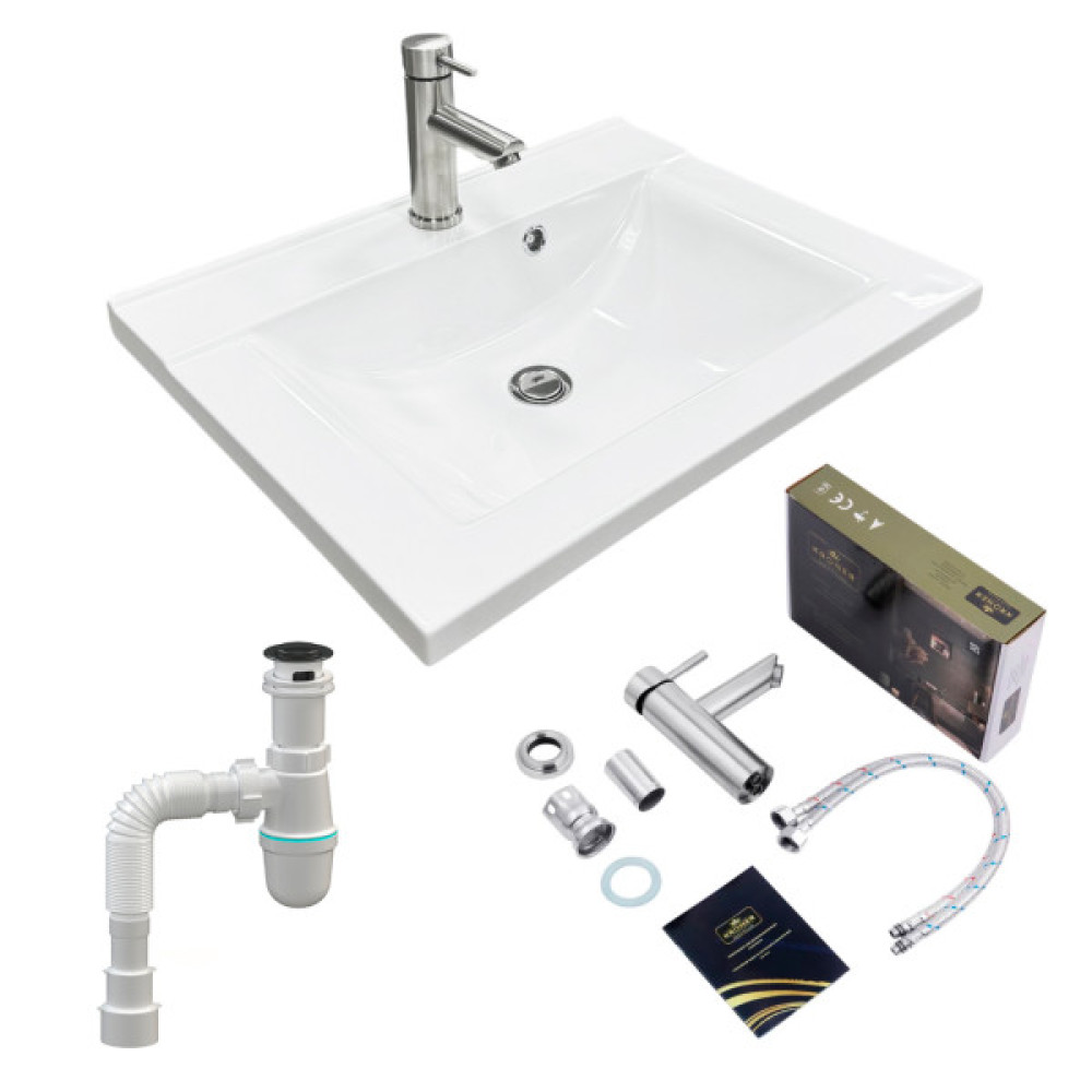 Набір для ванної кімнати, раковина, умивальник Adamant QUANTO 60, штучний камінь, прямокут., з сифоном Click-Clack + змішувач