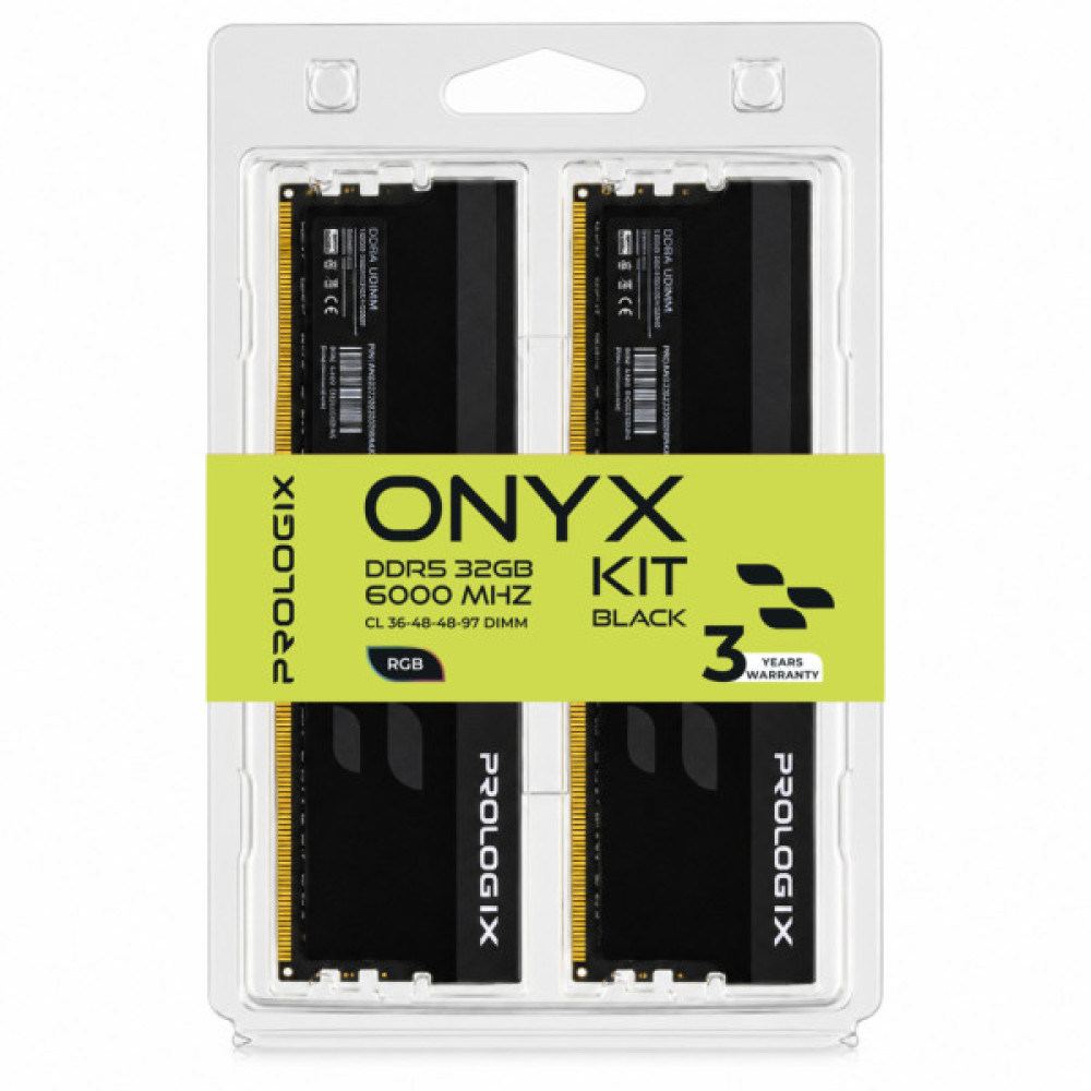 Модуль пам'яті для комп'ютера DDR5 32GB (2x16GB) 6000 MHz Onyx Black RGB Prologix (PRO32GB6000YBR5K)