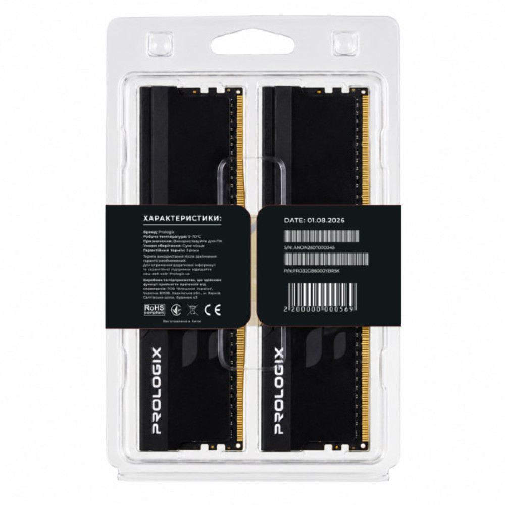 Модуль пам'яті для комп'ютера DDR5 32GB (2x16GB) 6000 MHz Onyx Black RGB Prologix (PRO32GB6000YBR5K)