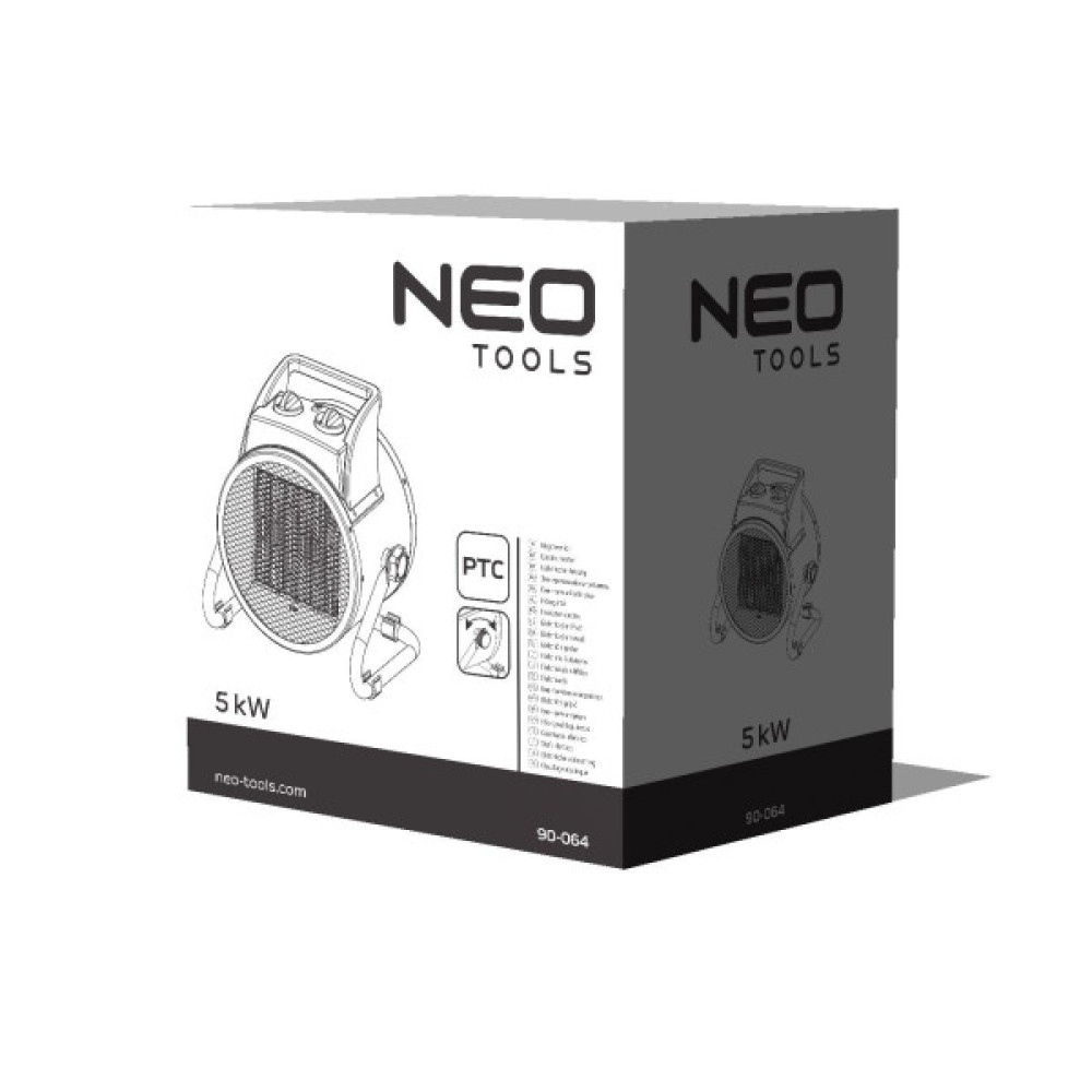 Теплова гармата електрична Neo Tools, 5кВт, 80м2, 588м3/год, 380В, керамічний нагрів. елемент (PTC), чорний, 4.22кг