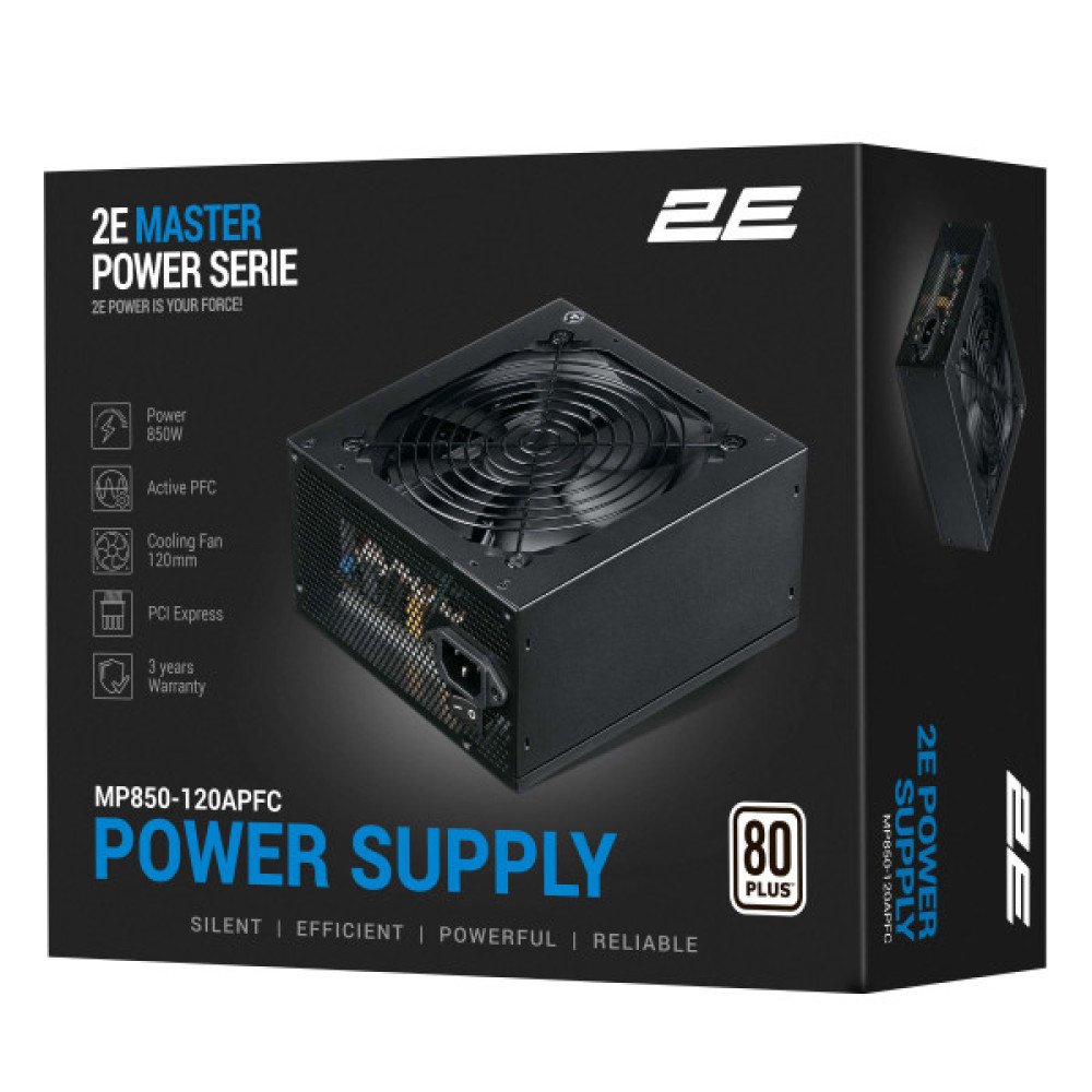 Блок живлення 2E Master Power  (850W), >80%, 80+ White, 120мм, 1xMB 24pin(20+4), 1xCPU 8pin(4+4), 3xMolex, 5xSATA, 4xPCIe 8pin(6+2)