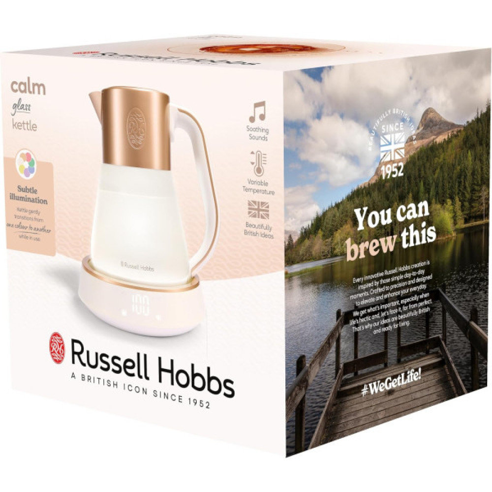 Електрочайник Russell Hobbs Calm, 1.7л, скло, біло-мідний