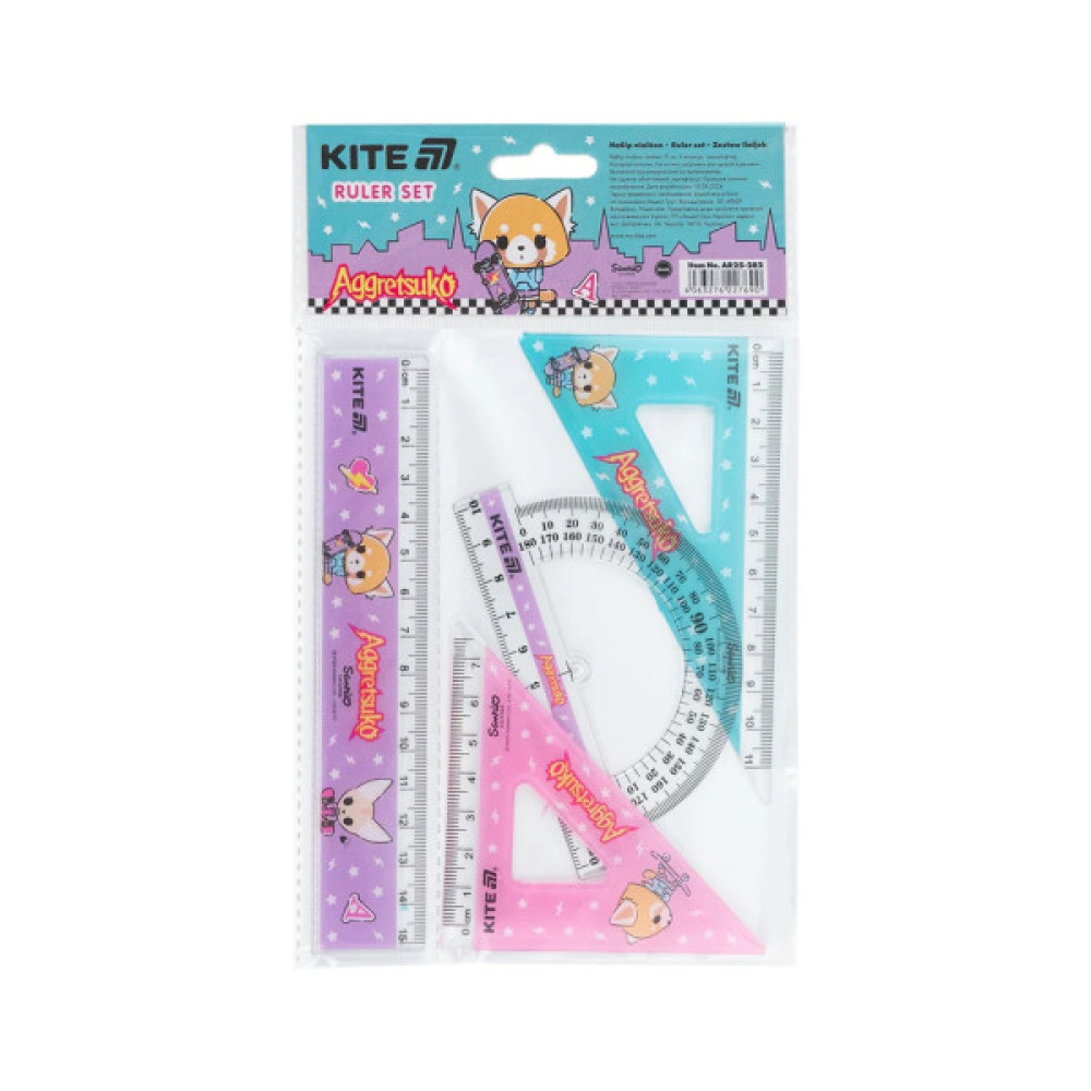 Лінійка Kite набір: лінійка 15 см, 2 косинця, транспортир Aggretsuko (AR25-282)