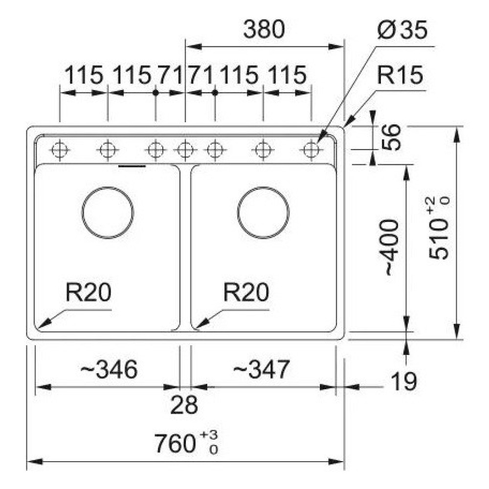 Мийка кухонна Franke Maris, фраграніт, прямокутник, без крила, 760х510х200мм, чаша - 2, врізна, MRG 620 TL, сірий камінь