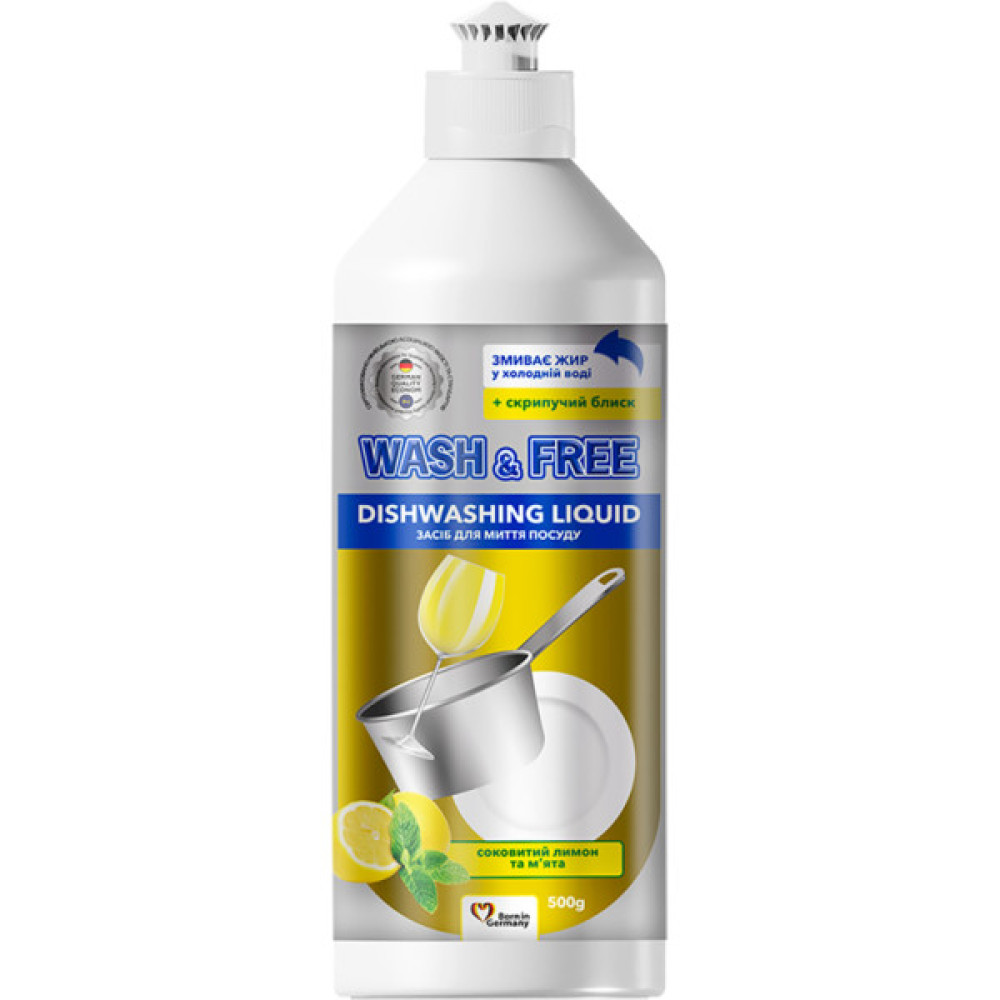 Засіб для ручного миття посуду Wash&Free соковитий лимон та м'ята 500 г (4260637724298)