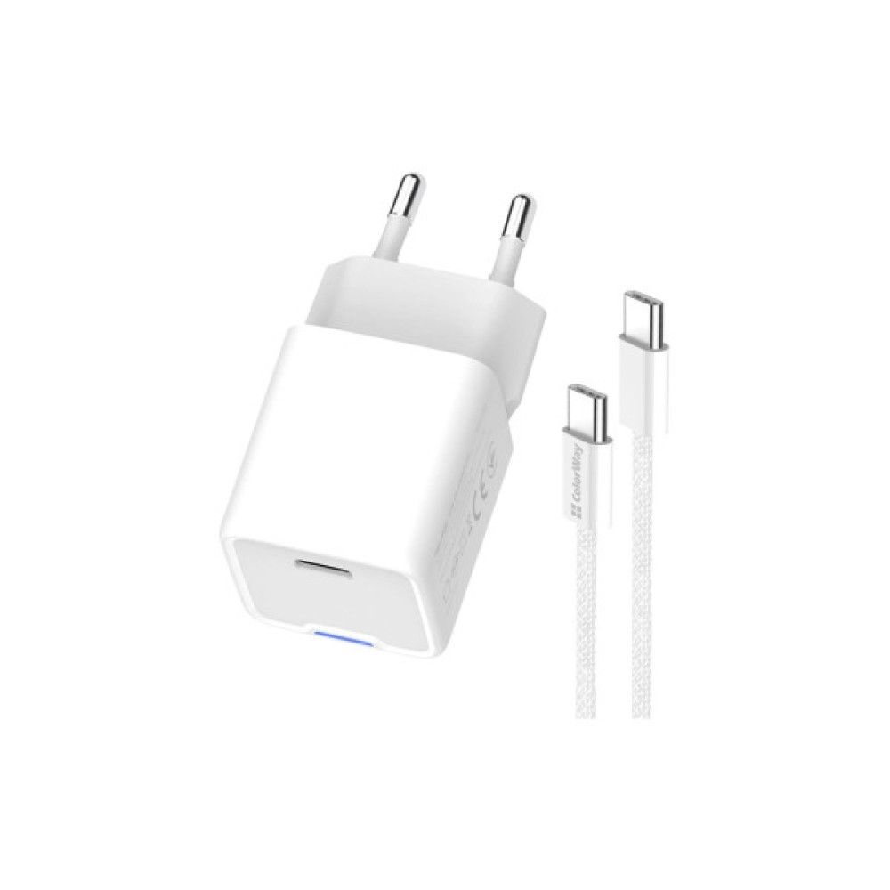 Зарядний пристрій ColorWay GaN Mini 30W PD Port PPS USB-C white + cable Type-C (CW-CHS054PDC-WT)