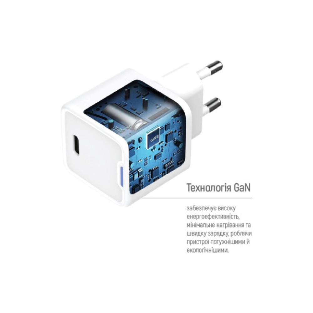 Зарядний пристрій ColorWay GaN Mini 30W PD Port PPS USB-C white + cable Type-C (CW-CHS054PDC-WT)