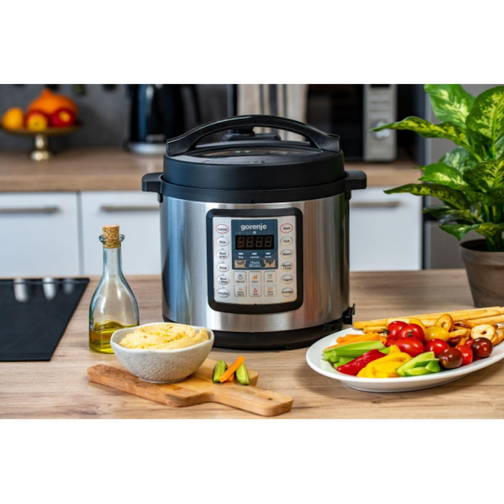 Мультиварка-скороварка Gorenje, 1000Вт, чаша-6л, електронне керув., 15 програм, метал/пластик, чорний